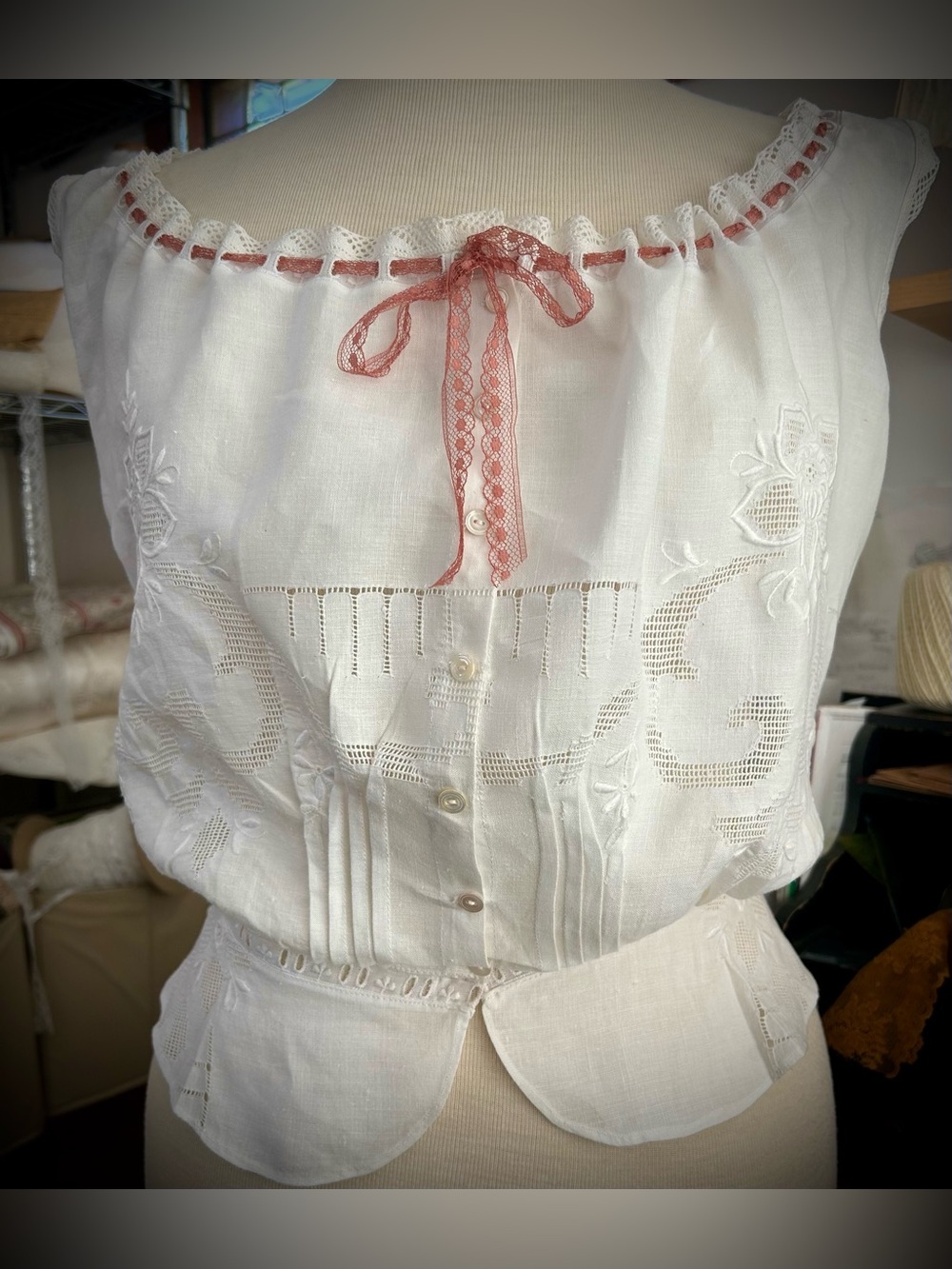 White Linen Corset cover, camisole, top. 36 bust 26/30 waist. Early 1900’s